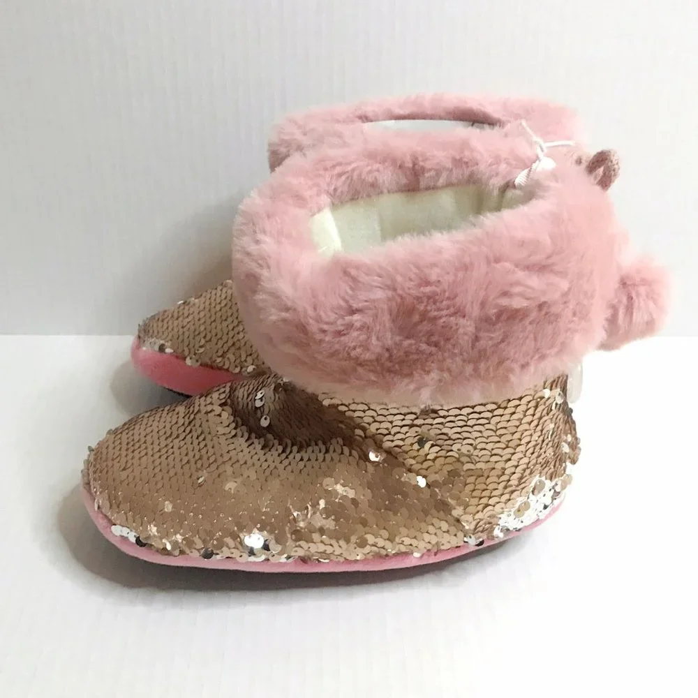 Girls Pink Booties with Gold Sequins, Warm Sparkly Slippers, Great Gift NWT